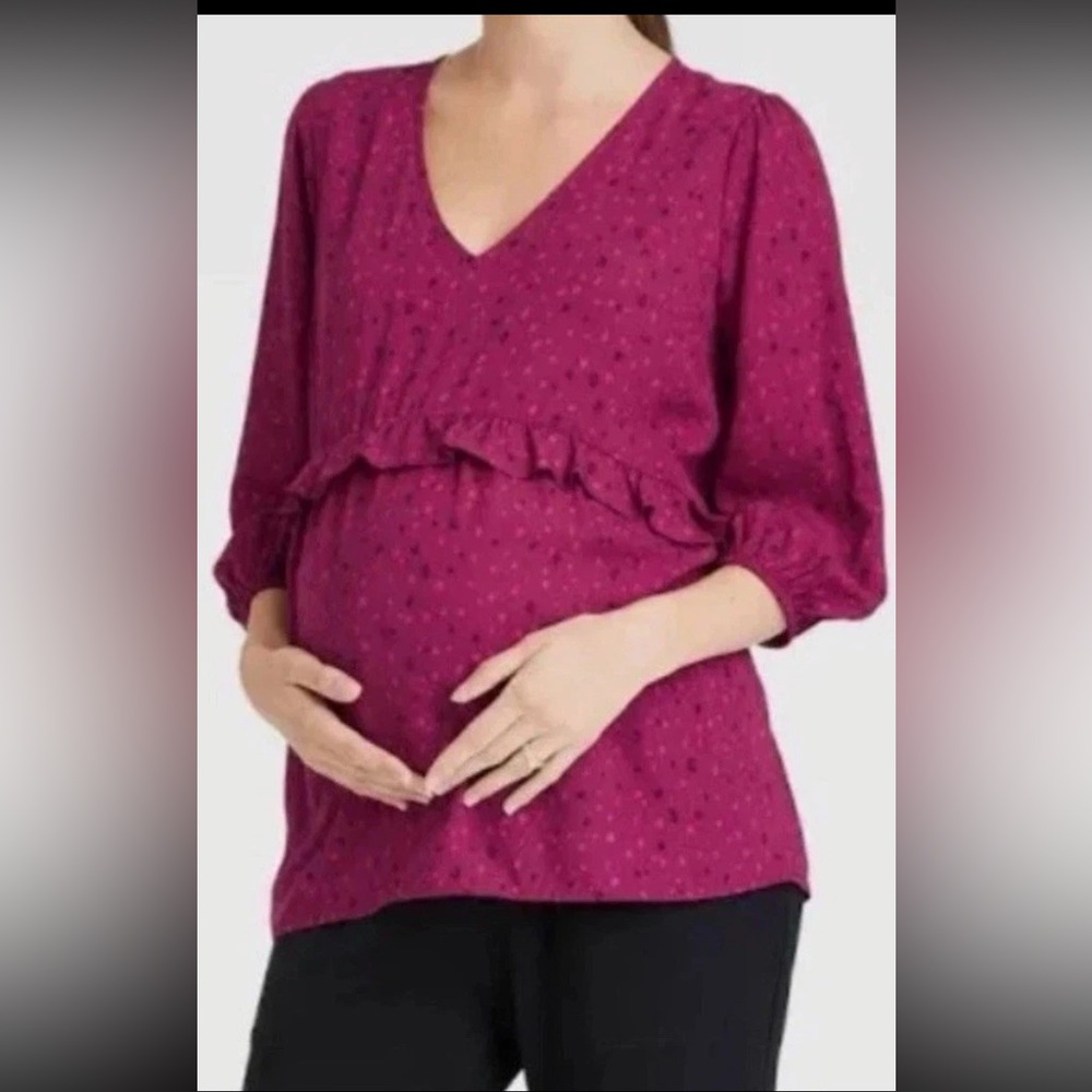 NEW Isabel Maternity Women's Medium Purple Floral 3/4 Sleeve Ruffle Waist Top